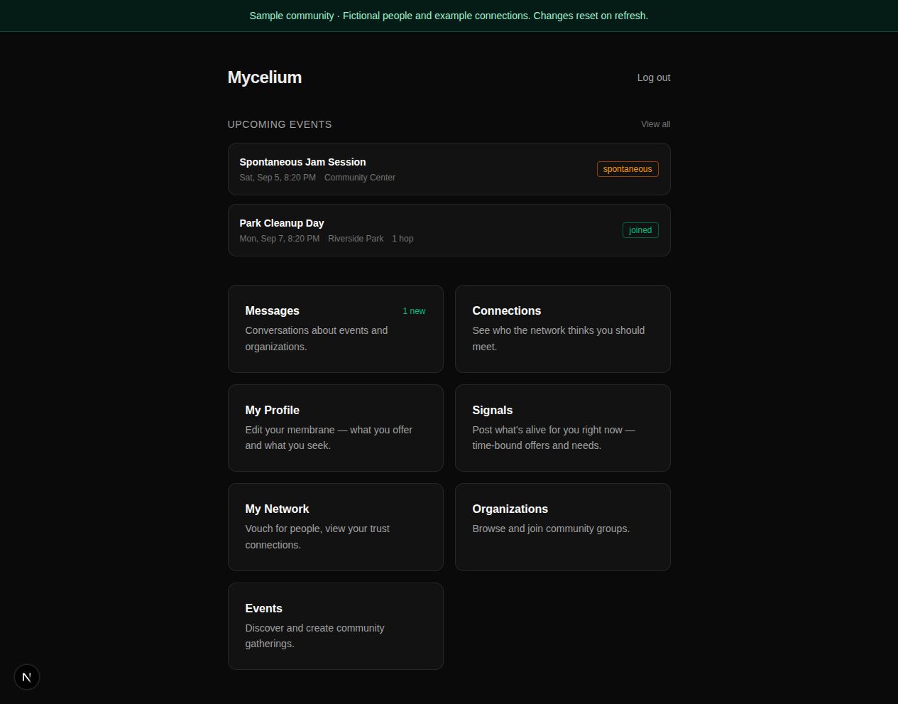 Mycelium sample community showing events, messages, connections, and organizations