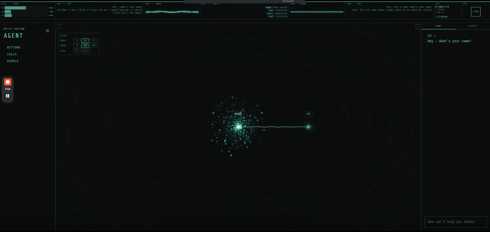Mystic Horizon operator dashboard with live transcript panels and an agent relationship view